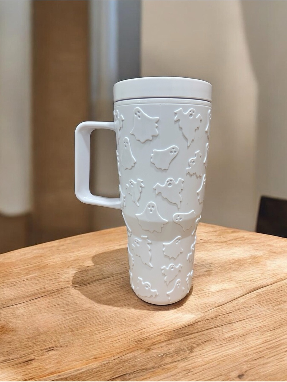 White Ghost-Texture Travel Mug with Handle Halloween Tumbler Spooky